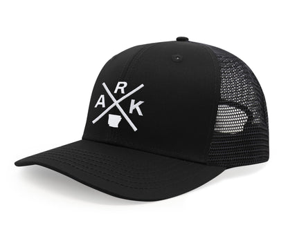 International Tie Hat for Men and Women, Adjustable Snapback Trucker Baseball Cap, Embroidered Cross Logo (ARK - Arkansas, All Black)