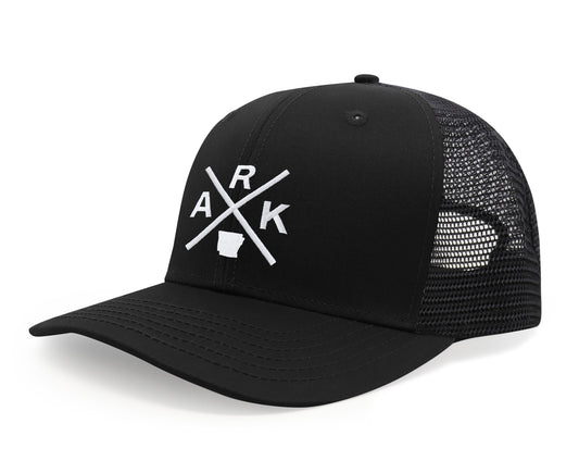 International Tie Hat for Men and Women, Adjustable Snapback Trucker Baseball Cap, Embroidered Cross Logo (ARK - Arkansas, All Black)