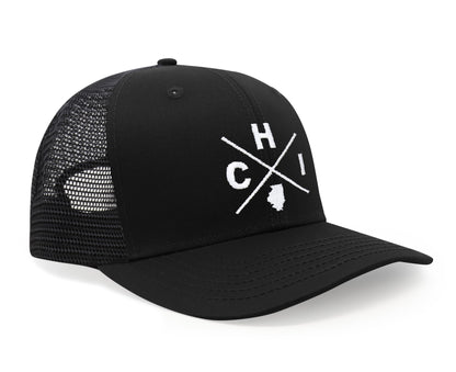 International Tie Premium Chicago CHI Flag Hat Men and Women – Snapback Trucker Baseball Cap (All Black)