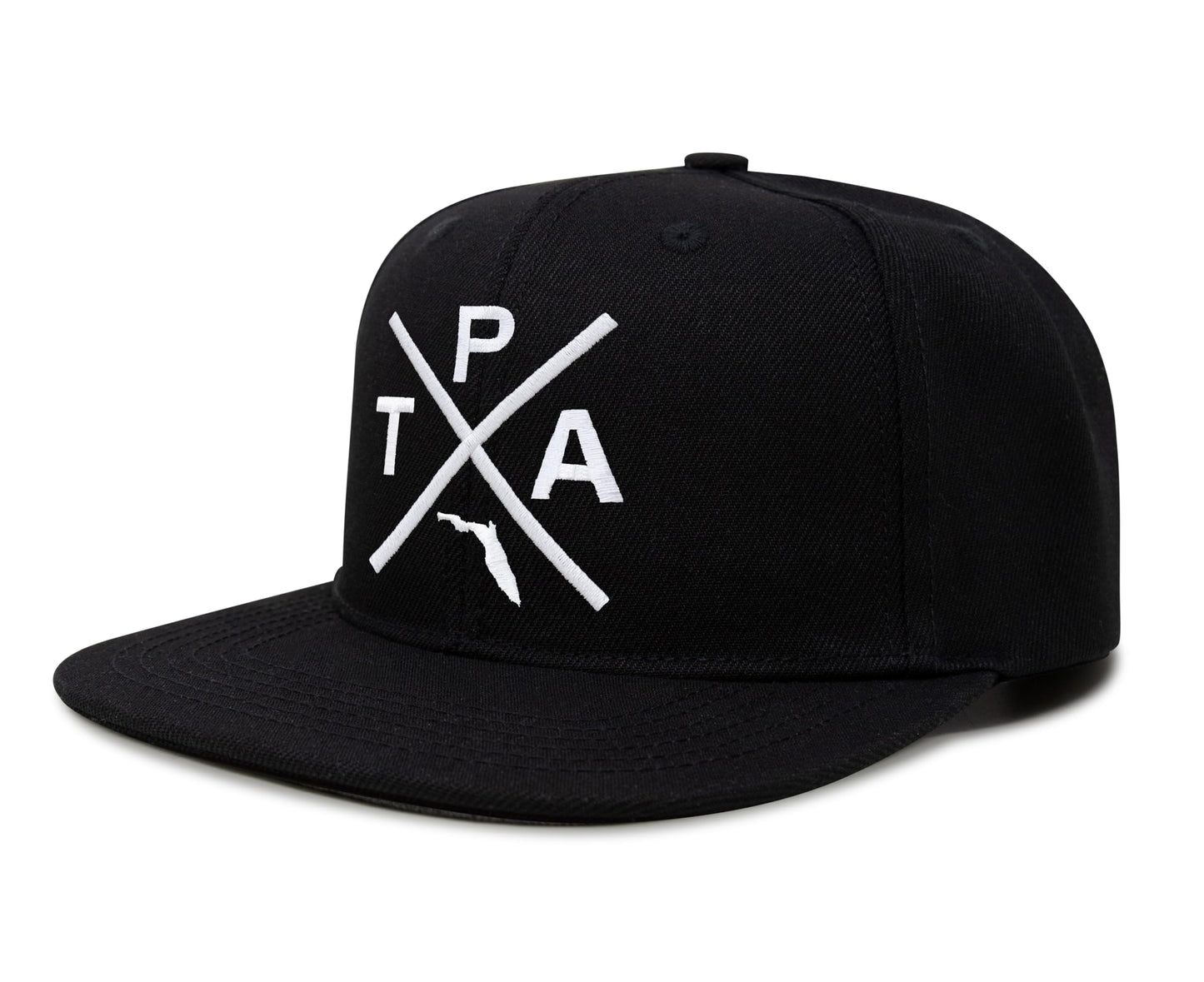International Tie Hat for Men and Women, Snapback Trucker Baseball Cap, Embroidered Cross Logo (Tampa - TPA, Black Flatbill)