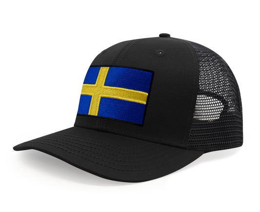 International Tie Swedish Flag Hat for Men and Women - Sweden Snapback Trucker Baseball Cap (All Black)