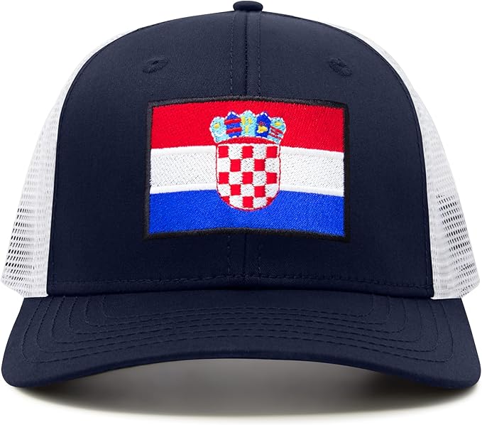 International Tie Country Hat for Men and Women, Adjustable Snapback Trucker Baseball Cap with Embroidered Patch (Croatia, Navy White) - International Tie