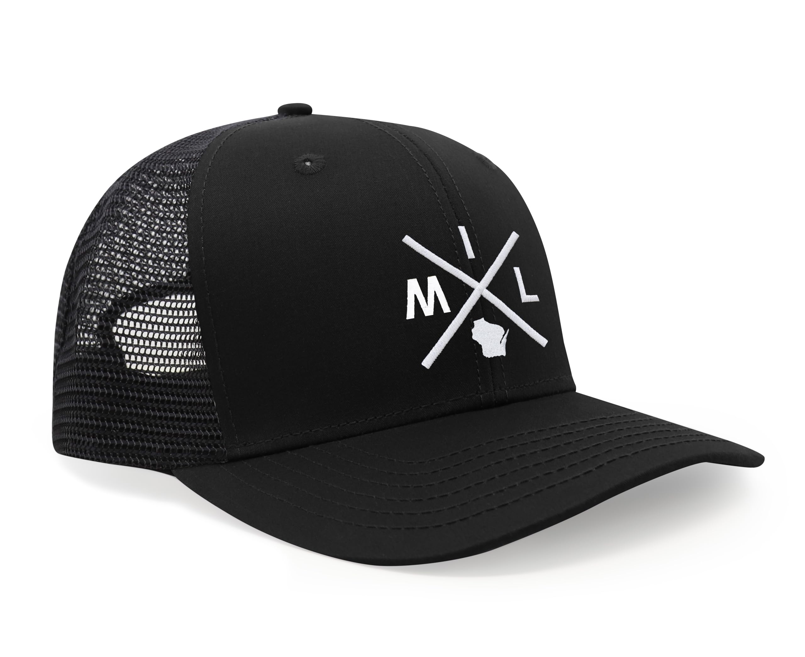 International Tie Hat for Men and Women, Adjustable Snapback Trucker Baseball Cap, Embroidered Cross Logo (MIL - Milwaukee, All Black)