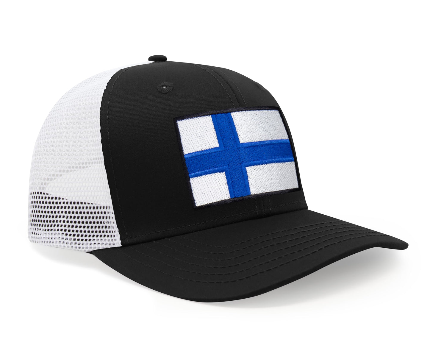 International Tie Finland Flag Hat for Men and Women - Adjustable Snapback Trucker Baseball Cap (Black White)