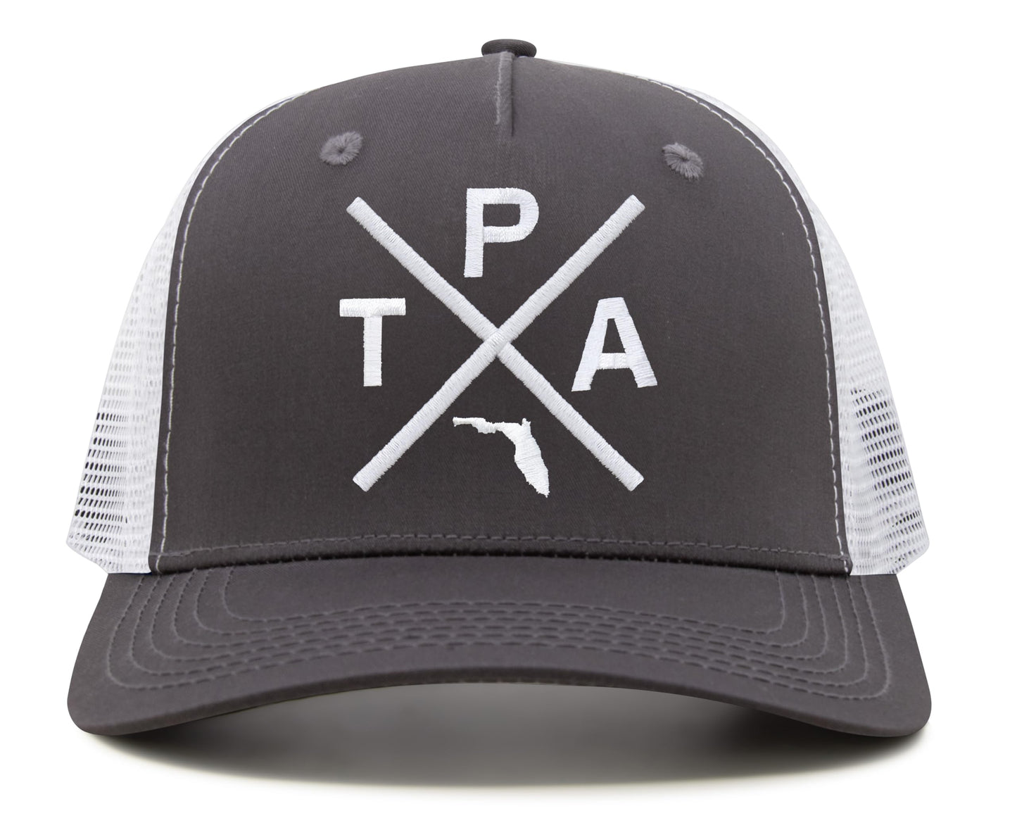 International Tie Hat for Men and Women, Snapback Trucker Baseball Cap, Embroidered Cross Logo (Tampa - TPA, Grey White)