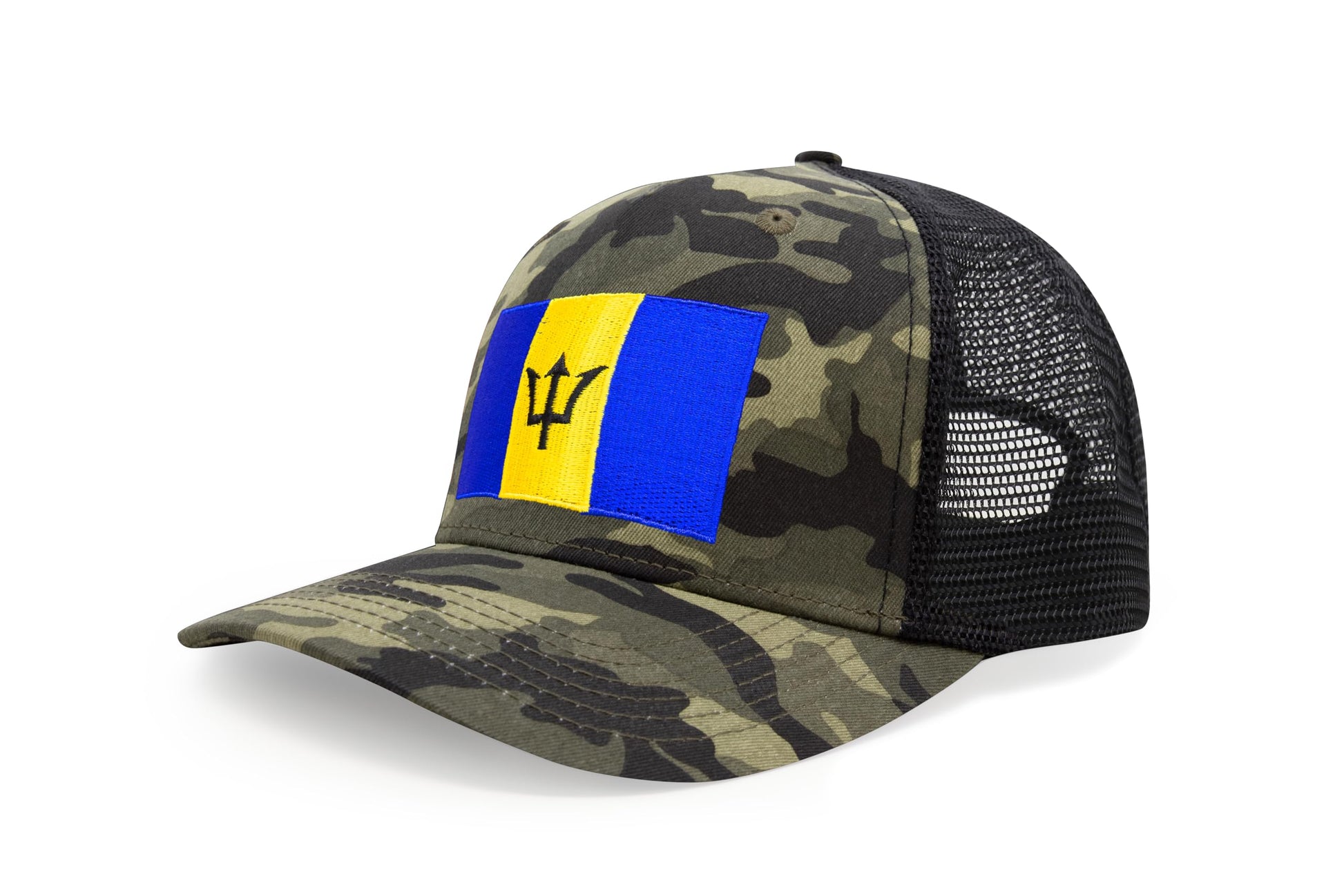 International Tie Country Hat for Men and Women, Adjustable Snapback Trucker Baseball Cap with Embroidered Patch (Barbados, Camouflage) - International Tie