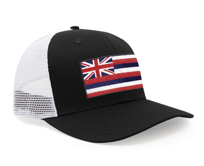 International Tie Hawaiian Flag Trucker Hat for Men & Women - Adjustable Snapback Baseball Cap with Embroidered Patch (Black/White)