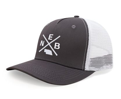 International Tie Hat for Men and Women, Adjustable Snapback Trucker Baseball Cap, Embroidered Cross Logo (NEB - Nebraska, Grey White)