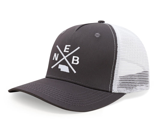 International Tie Hat for Men and Women, Adjustable Snapback Trucker Baseball Cap, Embroidered Cross Logo (NEB - Nebraska, Grey White)