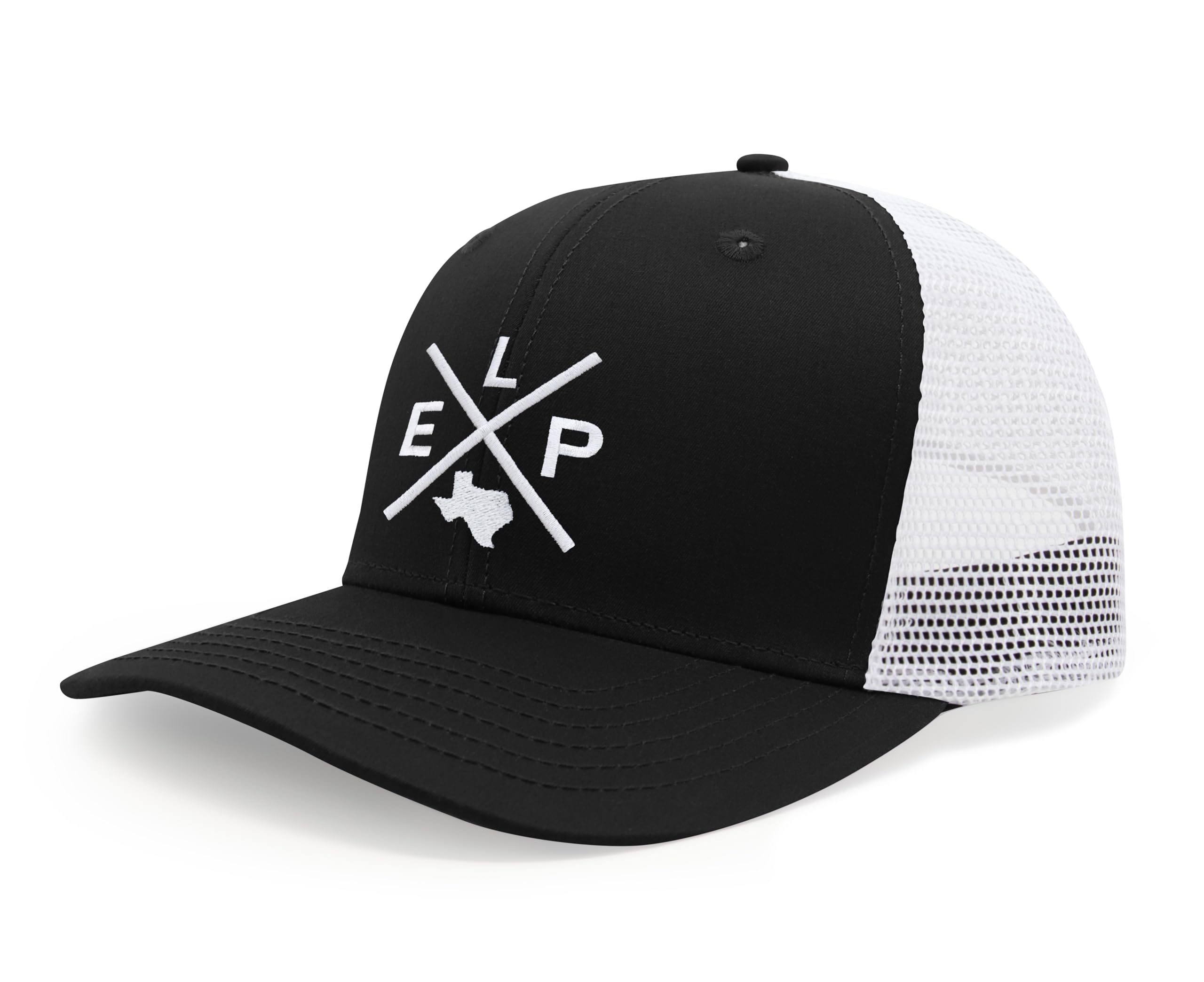 International Tie Hat for Men and Women, ELP Snapback Trucker Baseball Cap, Embroidered Cross Logo (ELP - El Paso, Black White)