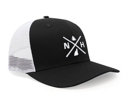 International Tie Hat for Men and Women, Adjustable Snapback Trucker Baseball Cap, Embroidered Cross Logo (NH- New Hampshire, Black White)