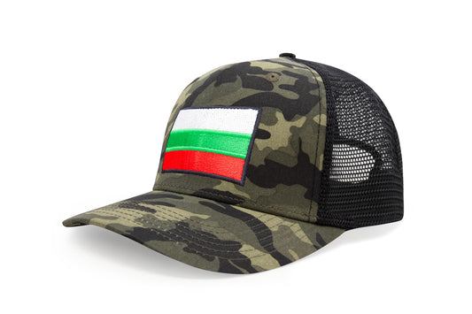 International Tie Country Hat for Men and Women, Adjustable Snapback Trucker Baseball Cap with Embroidered Patch (Bulgaria, Camouflage)