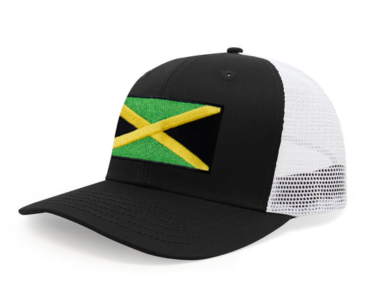 International Tie Jamaican Flag Hat for Men and Women - Jamaica Snapback Trucker Baseball Cap (Black White)