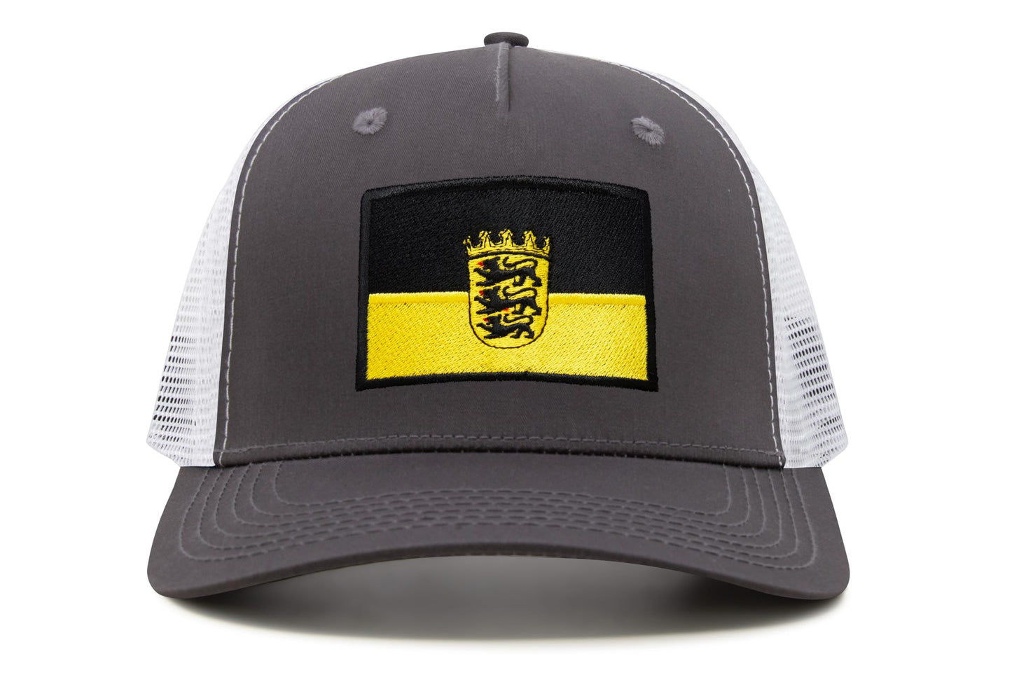 International Tie State Hat for Men and Women, Adjustable Snapback Trucker Baseball Cap with Embroidered Patch (Baden-Wurttemberg, Grey White)