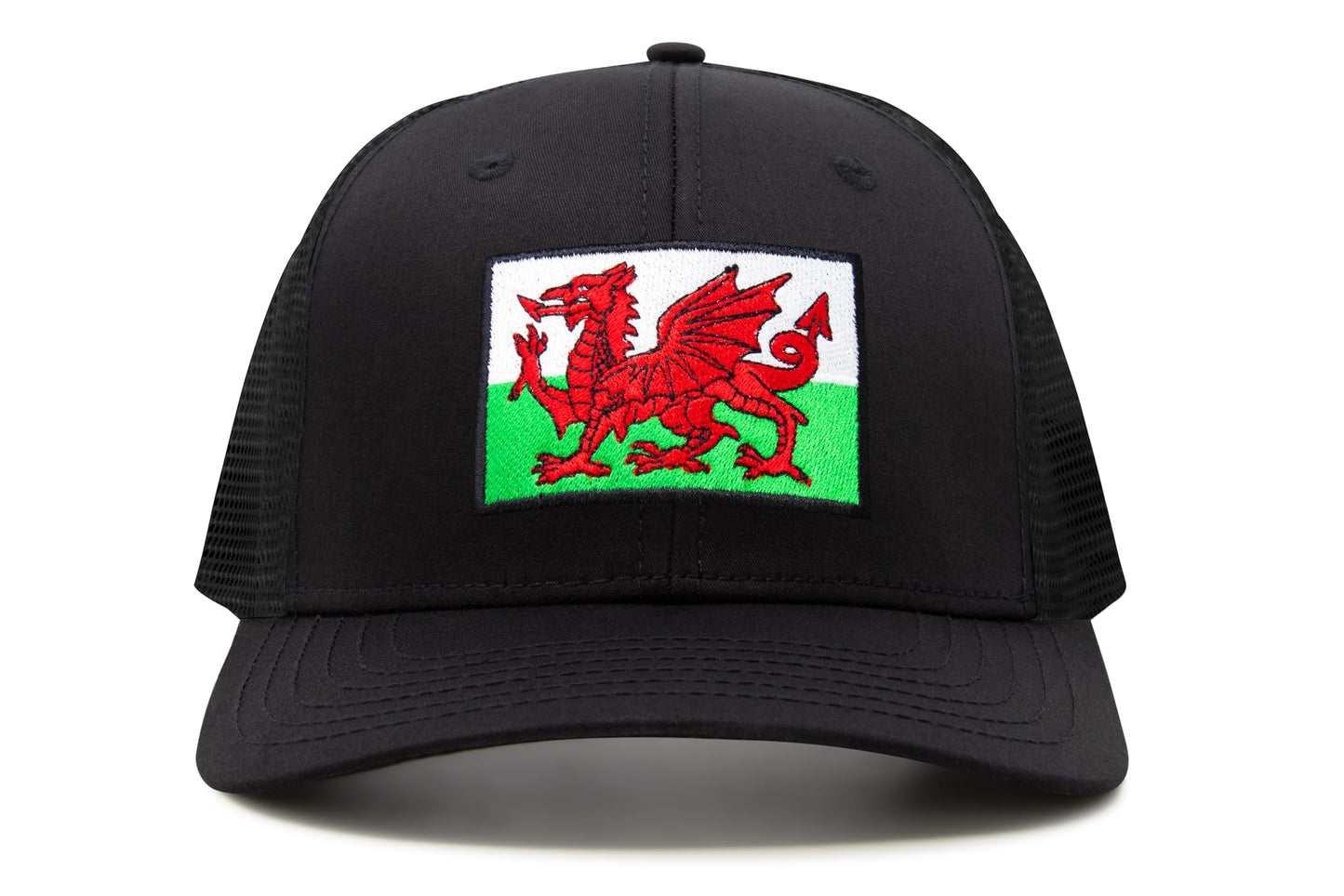 International Tie Country Hat for Men and Women, Adjustable Snapback Trucker Baseball Cap with Embroidered Patch (Wales, All Black)