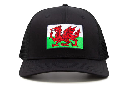 International Tie Country Hat for Men and Women, Adjustable Snapback Trucker Baseball Cap with Embroidered Patch (Wales, All Black)
