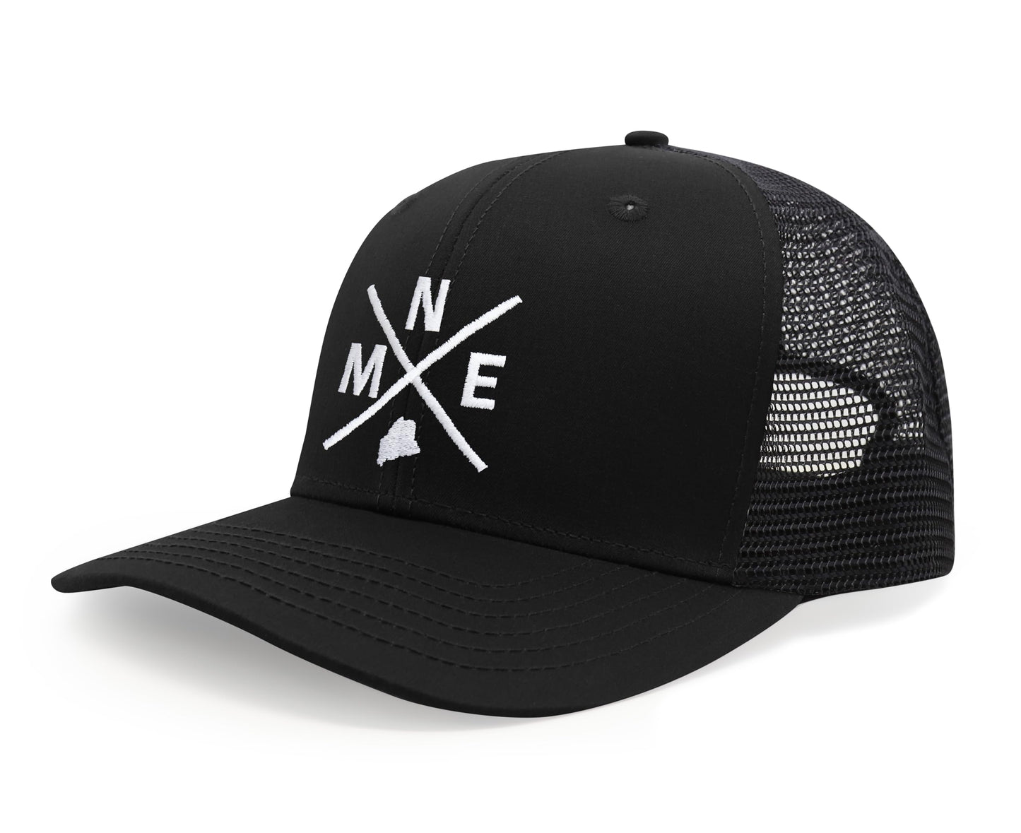 International Tie State City Hat for Men and Women, Snapback Trucker Baseball Cap with Embroidered Cross Logo (MNE - Maine, All Black) - International Tie