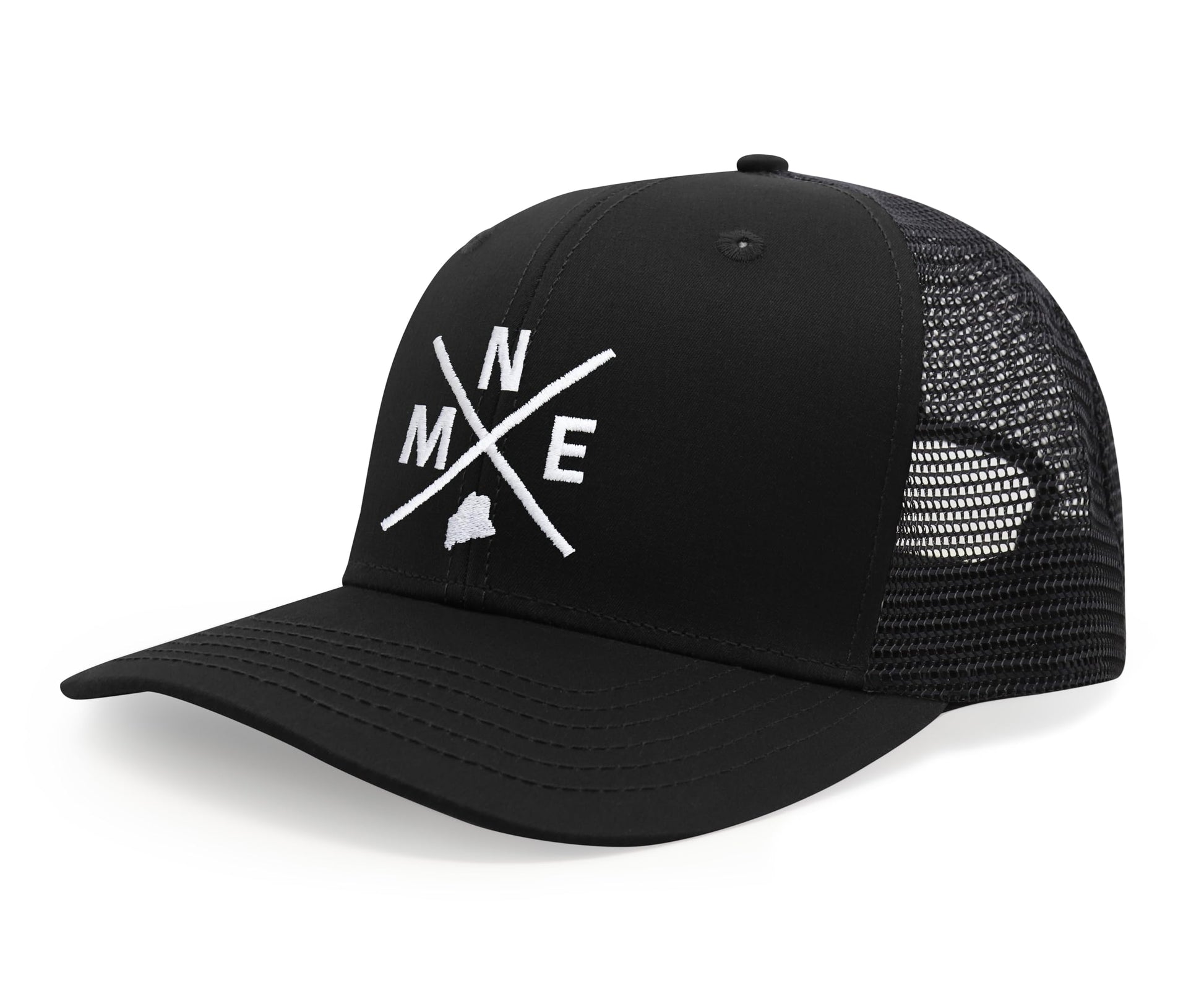 International Tie State City Hat for Men and Women, Snapback Trucker Baseball Cap with Embroidered Cross Logo (MNE - Maine, All Black) - International Tie