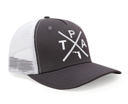 International Tie Hat for Men and Women, Snapback Trucker Baseball Cap, Embroidered Cross Logo (Tampa - TPA, Grey White)