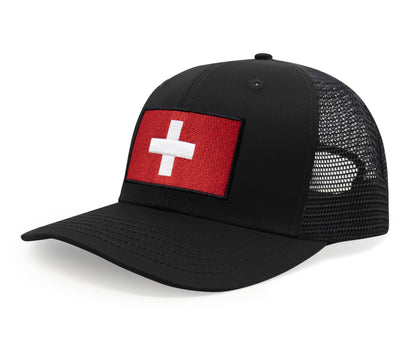 International Tie Swiss Flag Hat for Men and Women - Switzerland Snapback Trucker Baseball Cap (All Black)