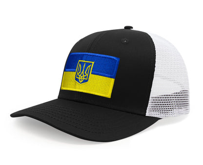 International Tie Country Hat for Men and Women, Adjustable Snapback Trucker Baseball Cap with Embroidered Patch (Ukraine, Black White)