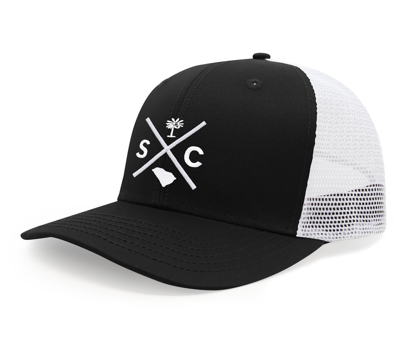 International Tie Hat for Men and Women, Adjustable Snapback Trucker Baseball Cap, Embroidered Cross Logo (SC - South Carolina, Black White)