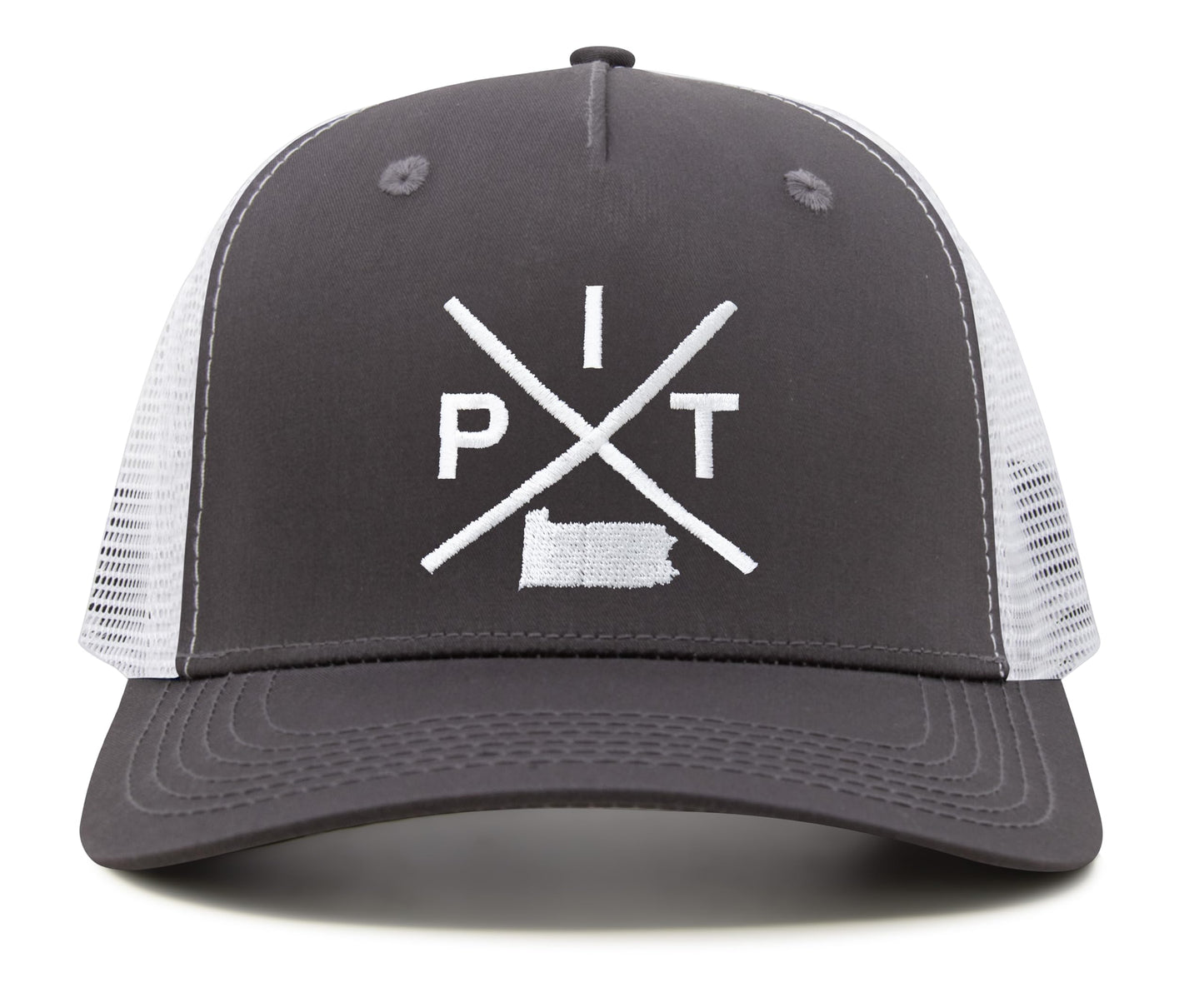 International Tie Hat for Men and Women, Snapback Trucker Baseball Cap, Embroidered Cross Logo (Pit - Pittsburgh, Grey White)