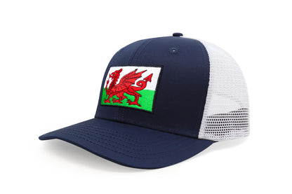 International Tie Country Hat for Men and Women, Adjustable Snapback Trucker Baseball Cap with Embroidered Patch (Wales, Navy White)