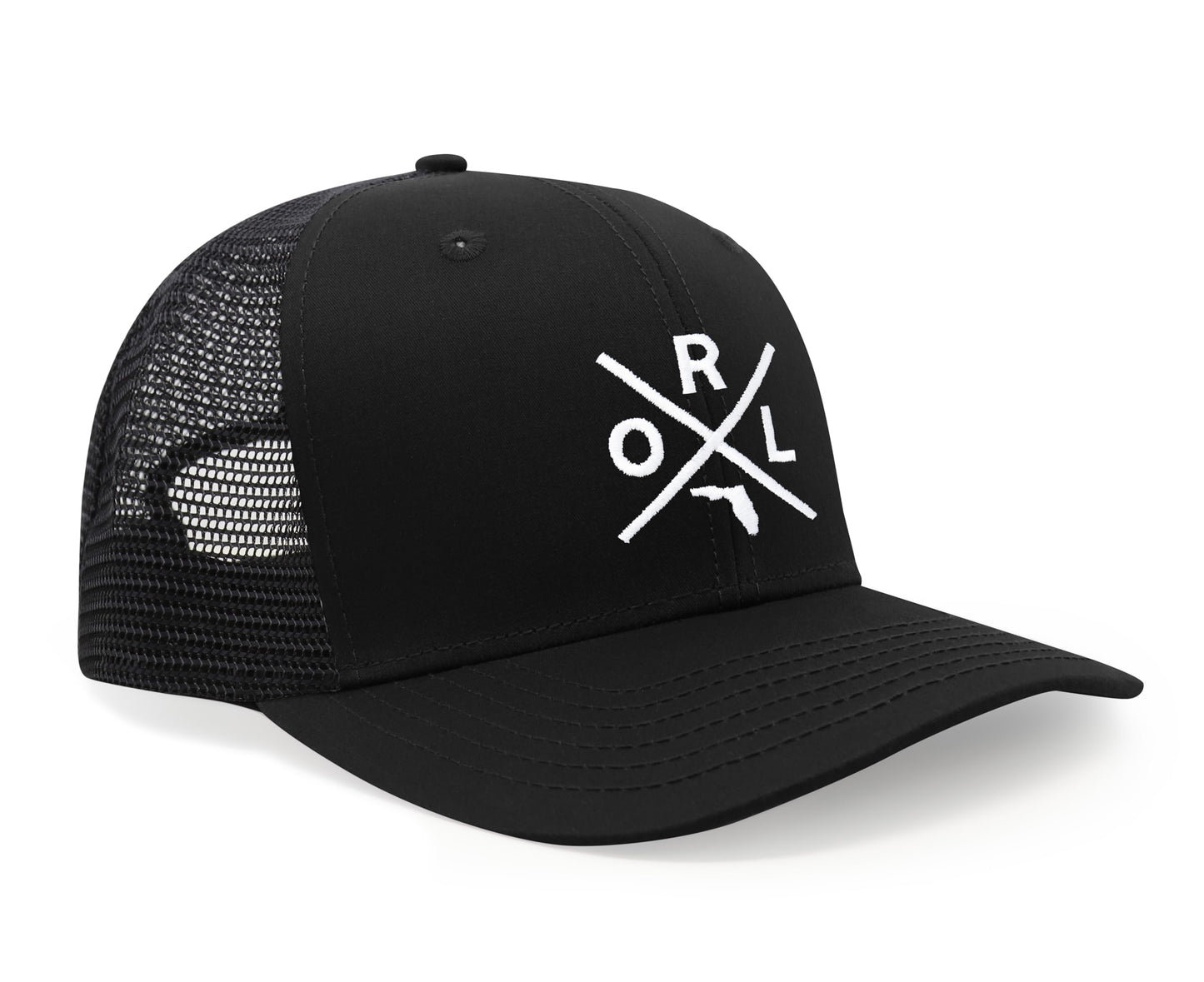 International Tie Hat for Men and Women, Snapback Trucker Baseball Cap, Embroidered Cross Logo (ORL - Orlando, All Black)