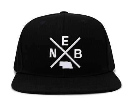 International Tie Hat for Men and Women, Adjustable Snapback Trucker Baseball Cap, Embroidered Cross Logo (NEB - Nebraska, Black Flatbill)