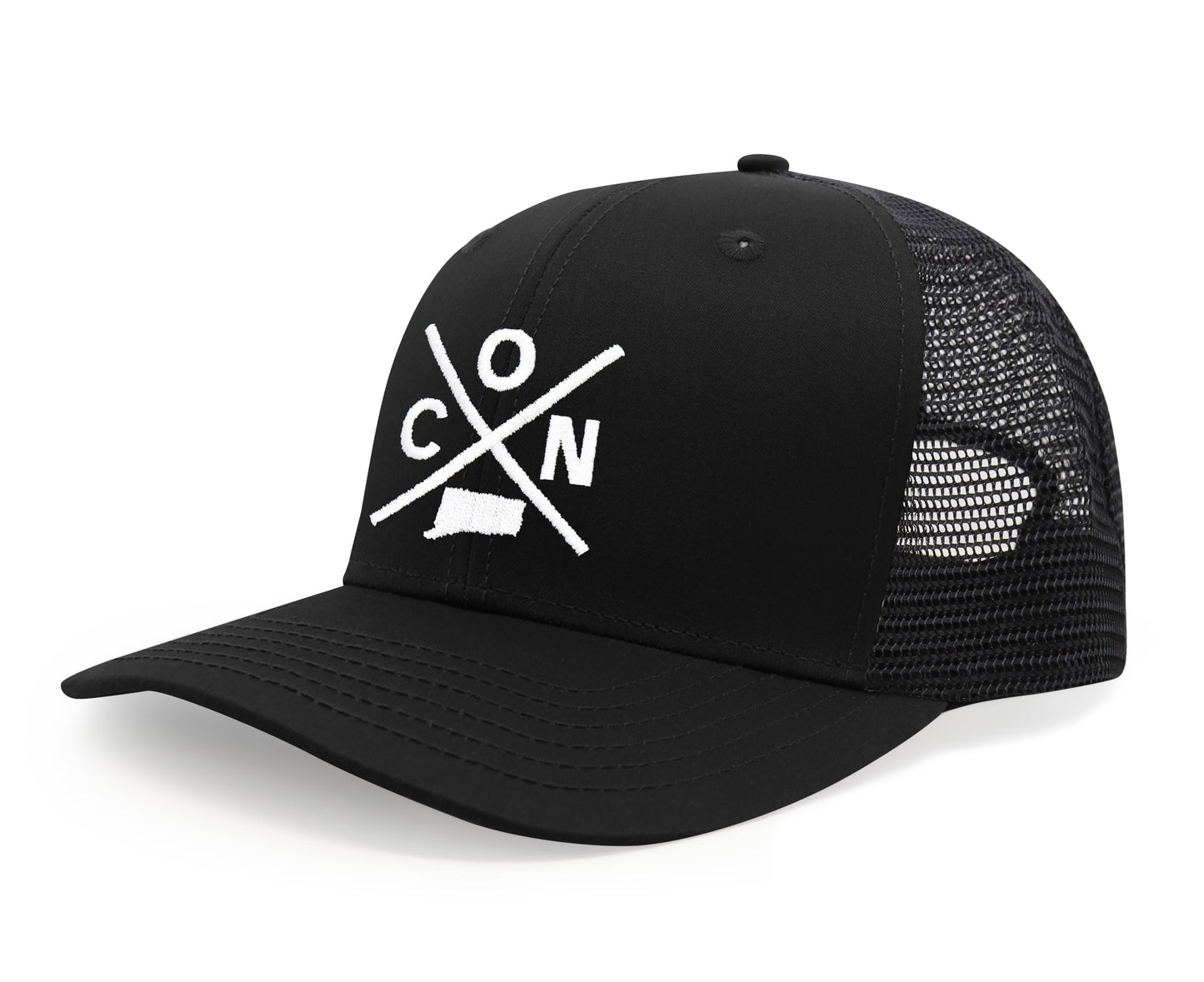 International Tie State City Hat for Men and Women, Snapback Trucker Baseball Cap with Embroidered Cross Logo (Connecticut - CON, All Black) - International Tie