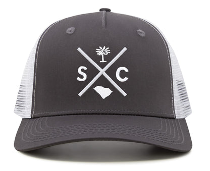 International Tie Hat for Men and Women, Adjustable Snapback Trucker Baseball Cap, Embroidered Cross Logo (SC - South Carolina, Grey White)