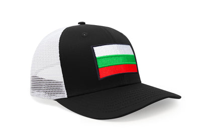 International Tie Country Hat for Men and Women, Adjustable Snapback Trucker Baseball Cap with Embroidered Patch (Bulgaria, Black White)
