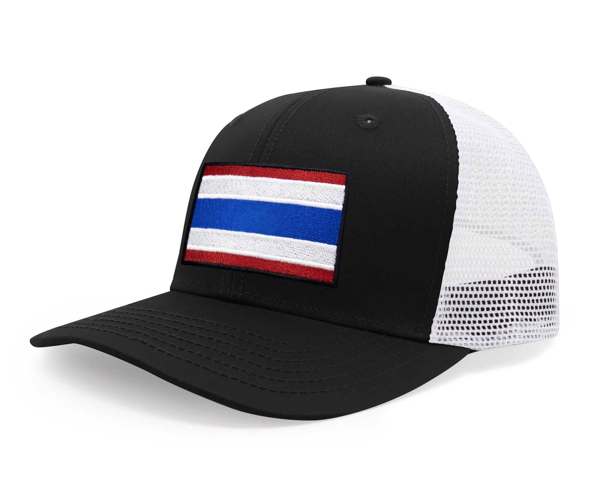 International Tie Country Hat for Men and Women, Adjustable Snapback Trucker Baseball Cap with Embroidered Patch (Thailand, Black White) - International Tie
