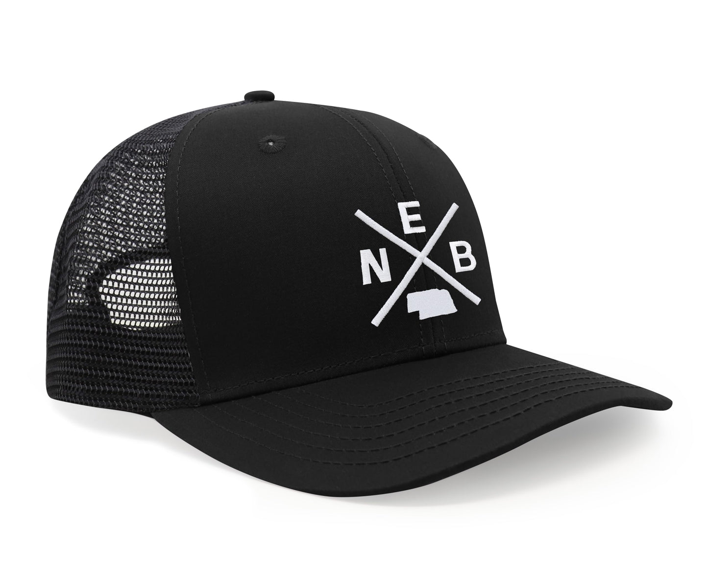 International Tie Hat for Men and Women, Adjustable Snapback Trucker Baseball Cap, Embroidered Cross Logo (NEB - Nebraska, All Black)