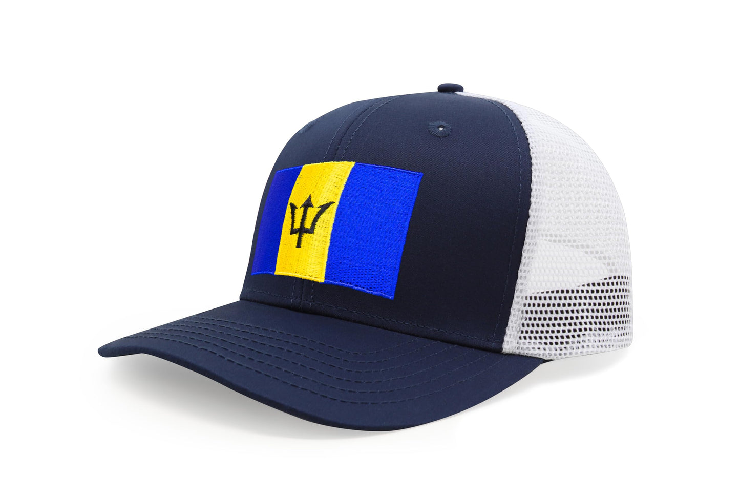 International Tie Country Hat for Men and Women, Adjustable Snapback Trucker Baseball Cap with Embroidered Patch (Barbados, Navy White) - International Tie