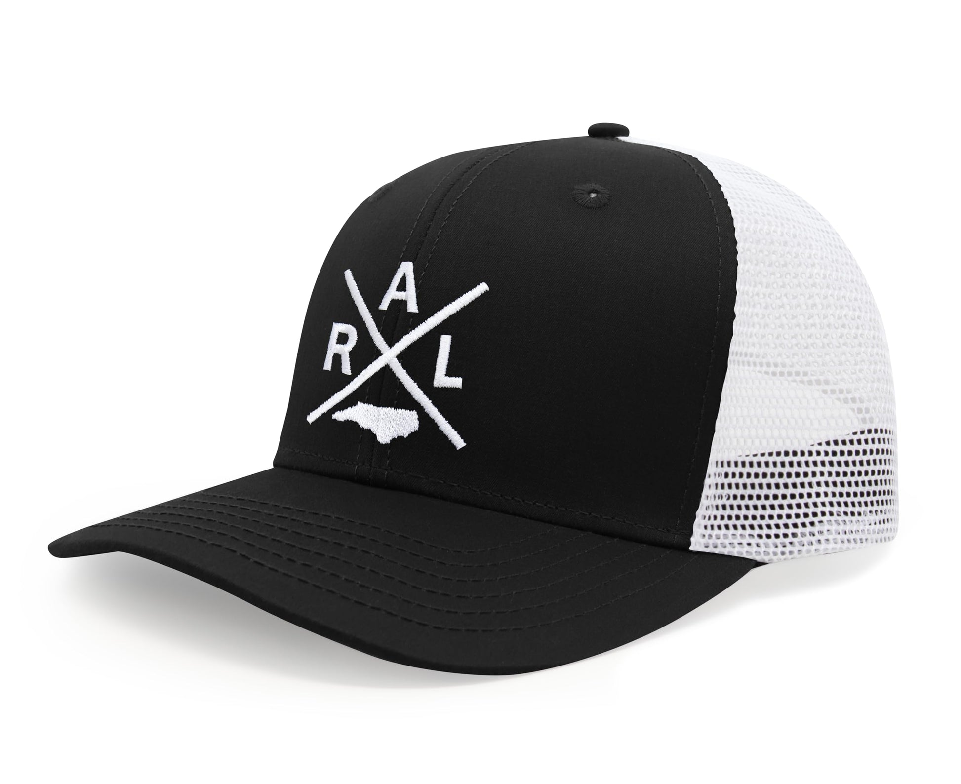 International Tie State City Hat for Men and Women, Snapback Trucker Baseball Cap with Embroidered Cross Logo (Raleigh - RAL, Black White) - International Tie