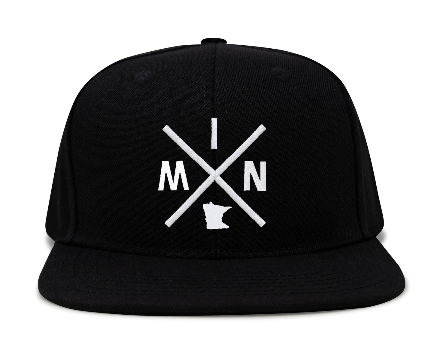International Tie Hat for Men and Women, MIN Snapback Trucker Baseball Cap, Embroidered Cross Logo (MIN - Minnesota, Black Flatbill)