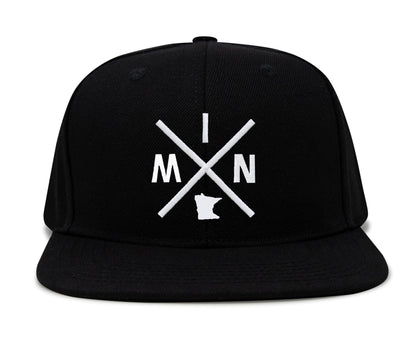 International Tie Hat for Men and Women, MIN Snapback Trucker Baseball Cap, Embroidered Cross Logo (MIN - Minnesota, Black Flatbill)