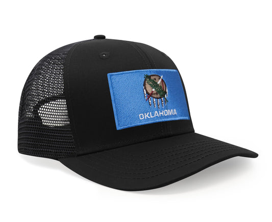 International Tie State Hat for Men and Women, Adjustable Snapback Trucker Baseball Cap with Embroidered Patch (Oklahoma, All Black)