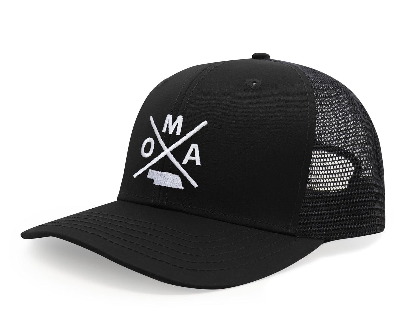 International Tie Hat for Men and Women, Snapback Trucker Baseball Cap, Embroidered Cross Logo (OMA - Omaha, All Black) - International Tie