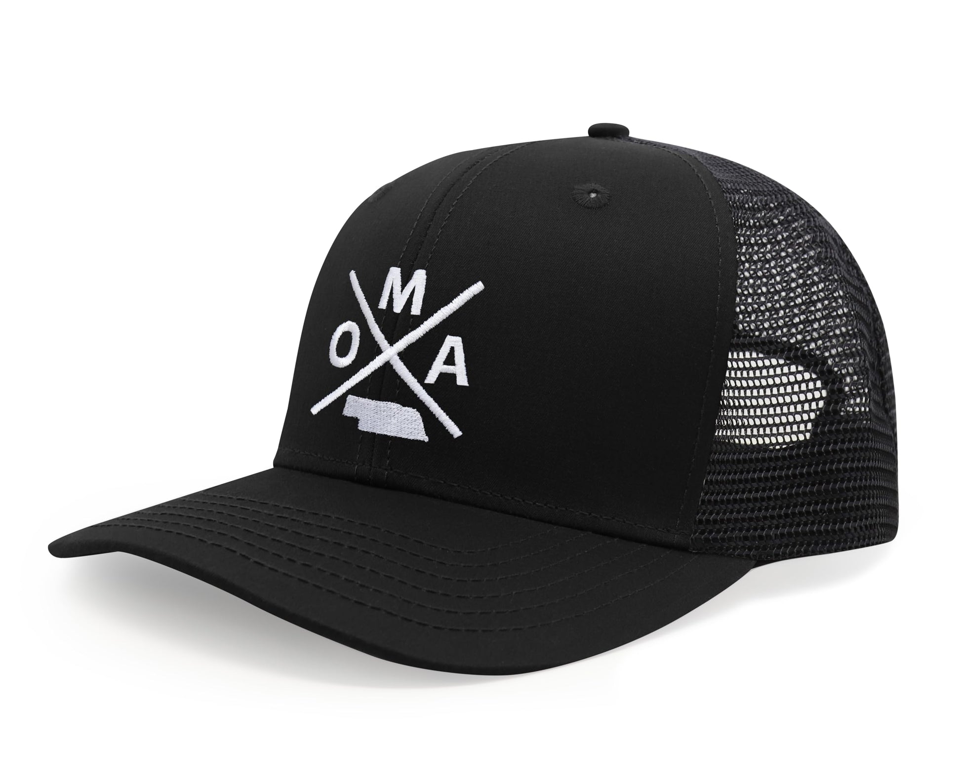 International Tie Hat for Men and Women, Snapback Trucker Baseball Cap, Embroidered Cross Logo (OMA - Omaha, All Black) - International Tie