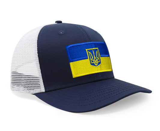 International Tie Country Hat for Men and Women, Adjustable Snapback Trucker Baseball Cap with Embroidered Patch (Ukraine, Navy White)