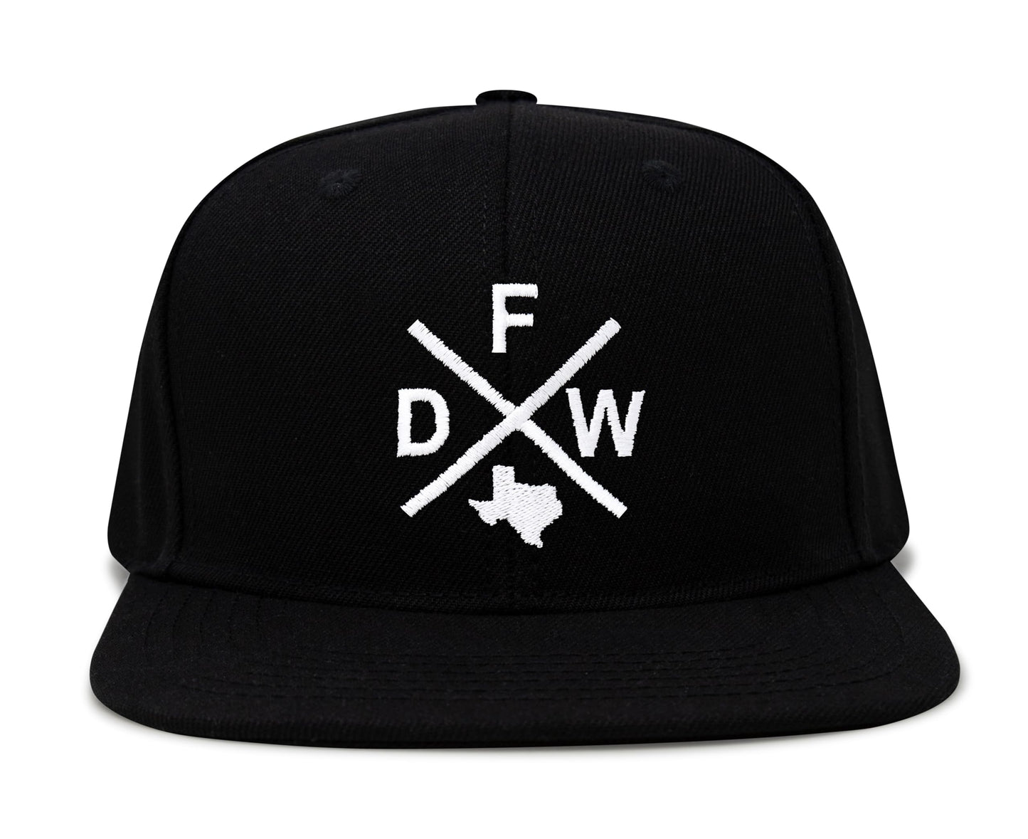International Tie Hat for Men and Women, Snapback Trucker Baseball Cap, Embroidered Cross Logo (DFW - Dallas Fort Worth, Black Flatbill) - International Tie