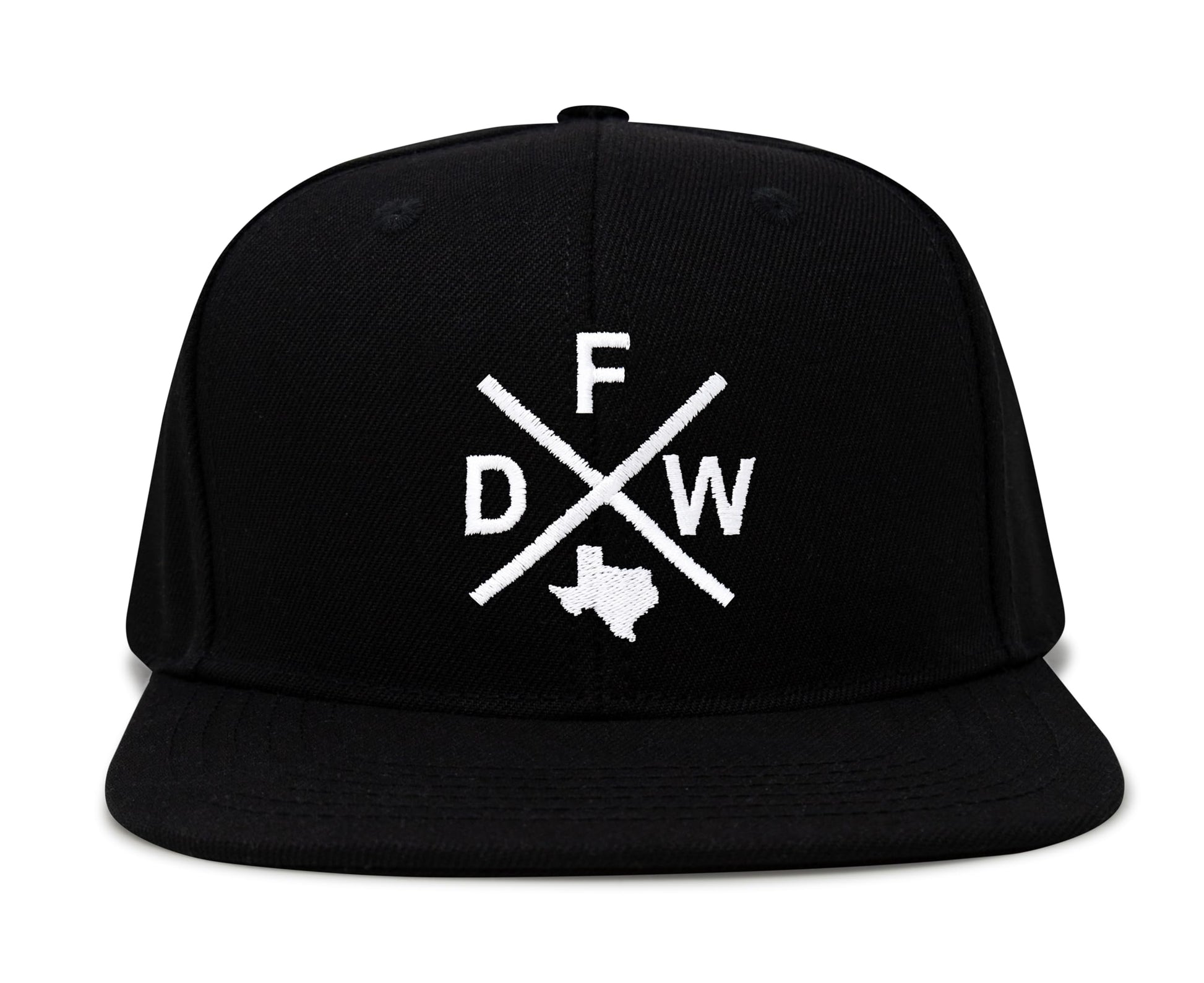 International Tie Hat for Men and Women, Snapback Trucker Baseball Cap, Embroidered Cross Logo (DFW - Dallas Fort Worth, Black Flatbill) - International Tie