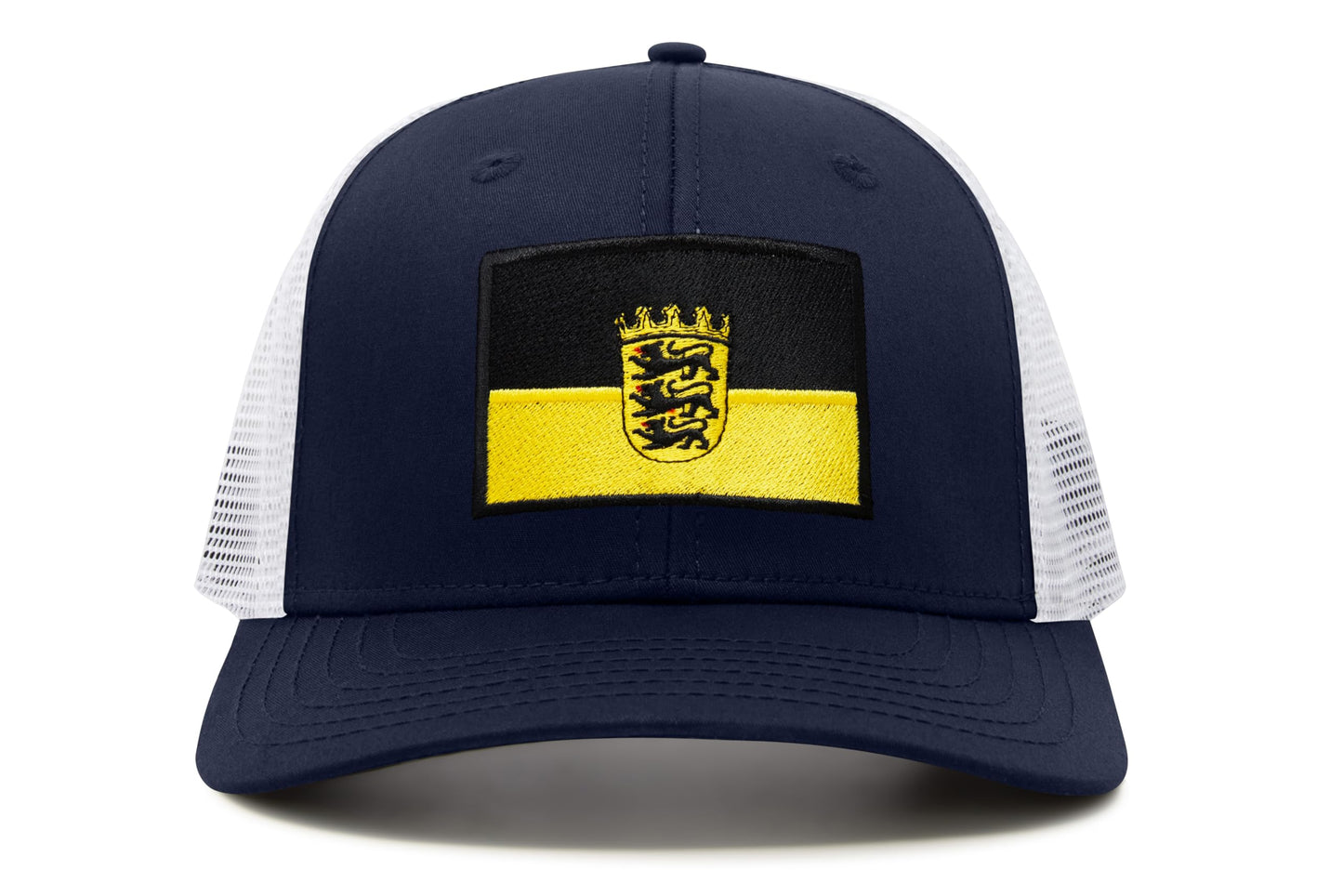 International Tie State Hat for Men and Women, Adjustable Snapback Trucker Baseball Cap with Embroidered Patch (Baden-Wurttemberg, Navy White)