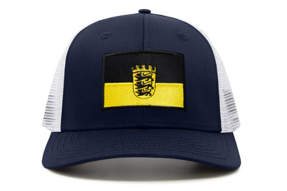 International Tie State Hat for Men and Women, Adjustable Snapback Trucker Baseball Cap with Embroidered Patch (Baden-Wurttemberg, Navy White)