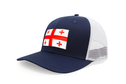 International Tie Country Hat for Men and Women, Adjustable Snapback Trucker Baseball Cap with Embroidered Patch (Georgia, Navy White)
