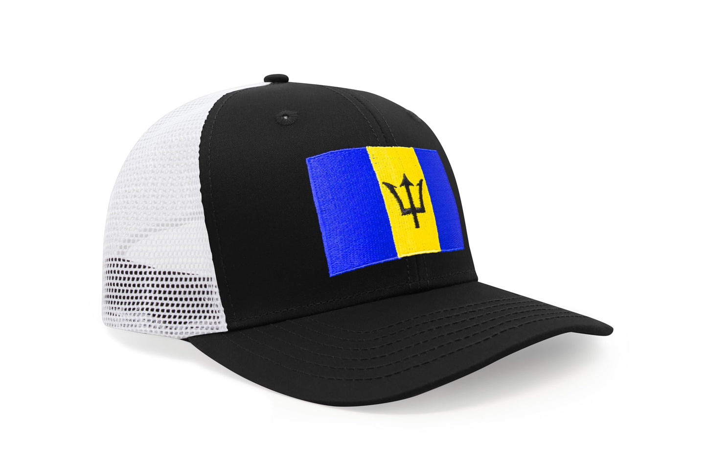 International Tie Country Hat for Men and Women, Adjustable Snapback Trucker Baseball Cap with Embroidered Patch (Barbados, Black White) - International Tie