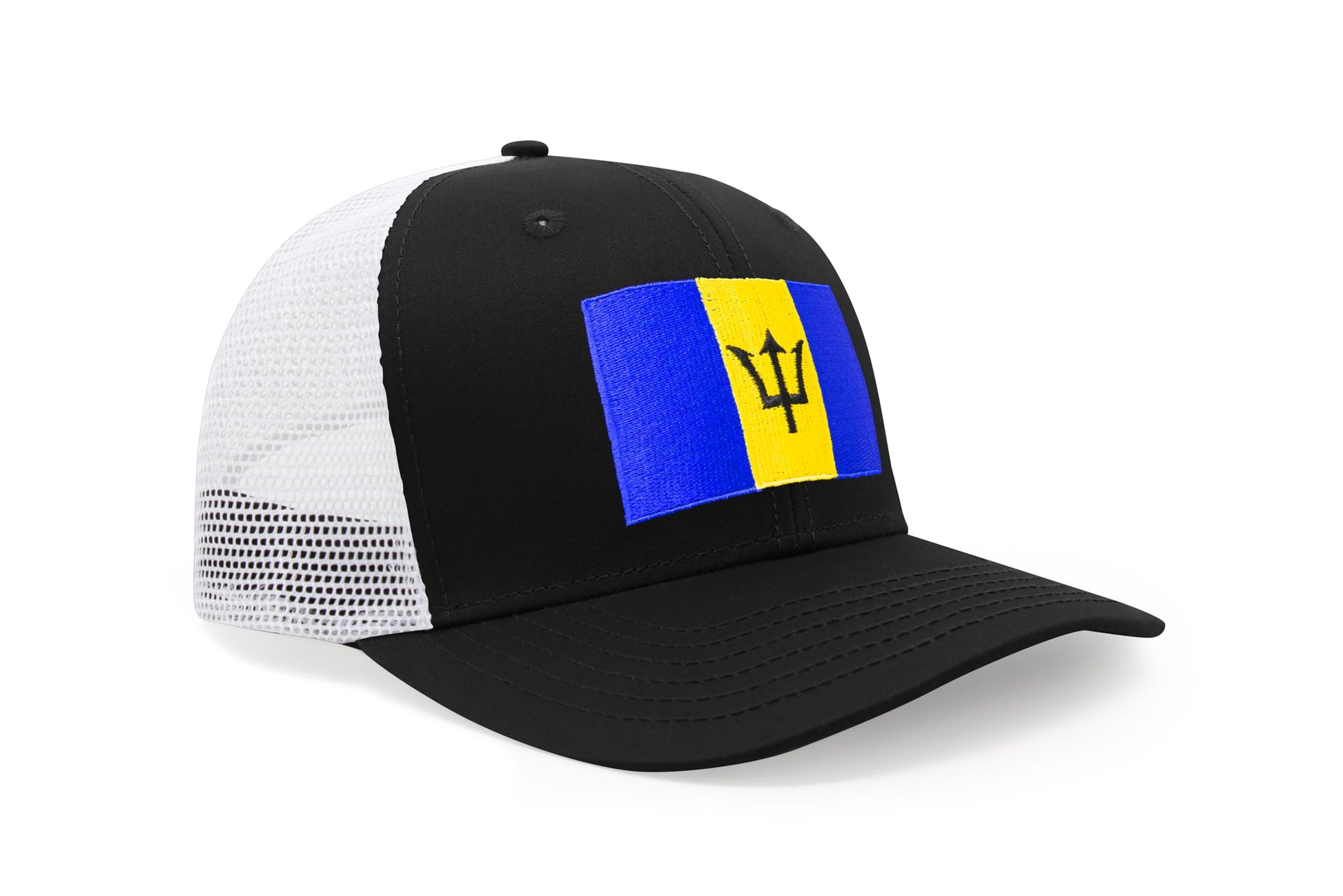 International Tie Country Hat for Men and Women, Adjustable Snapback Trucker Baseball Cap with Embroidered Patch (Barbados, Black White) - International Tie